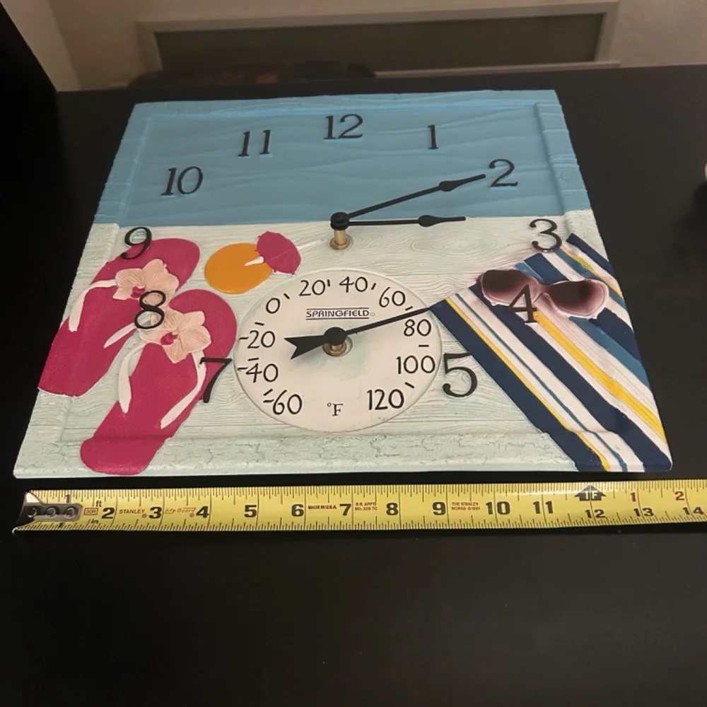 “At The Pool” Poly Resin Clock with Thermometer. NWOT
